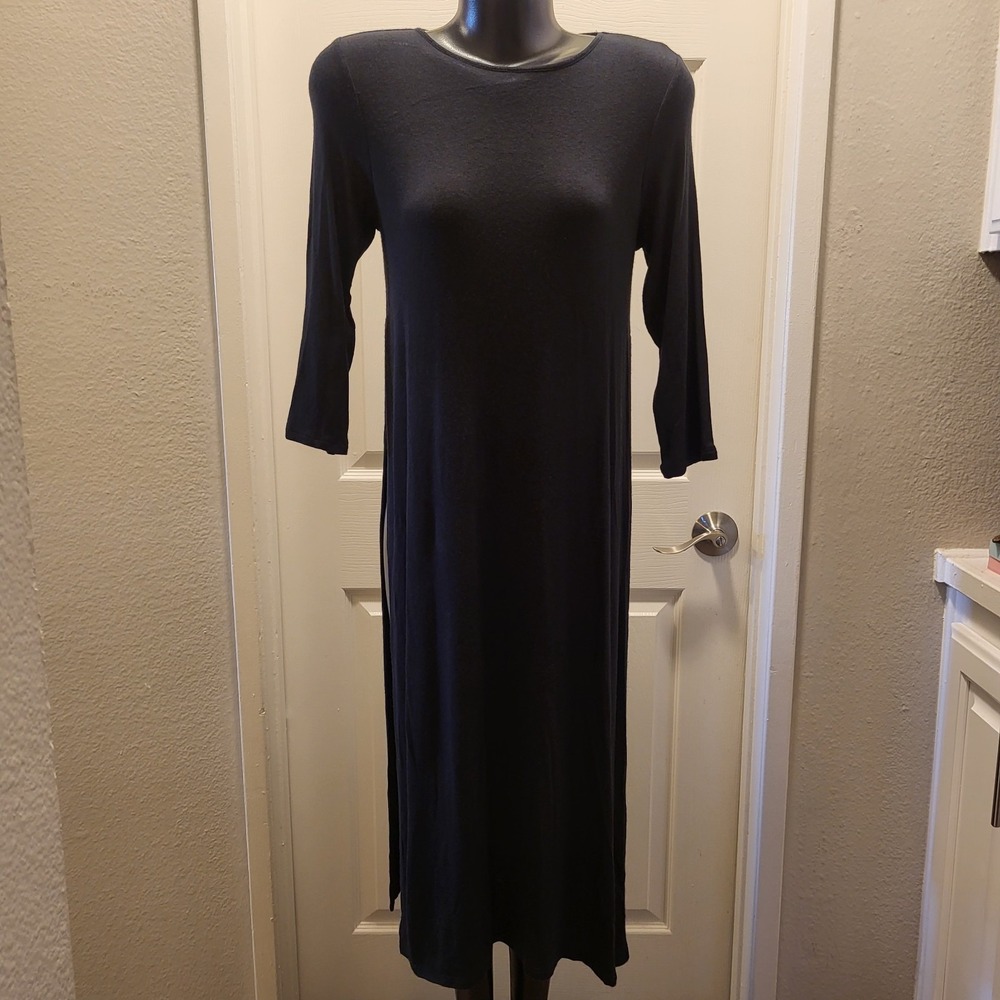 J Jill Maxi Dress Women XS Black Slinky Side Slit‎ 3/4 Sleeve Travel Soft